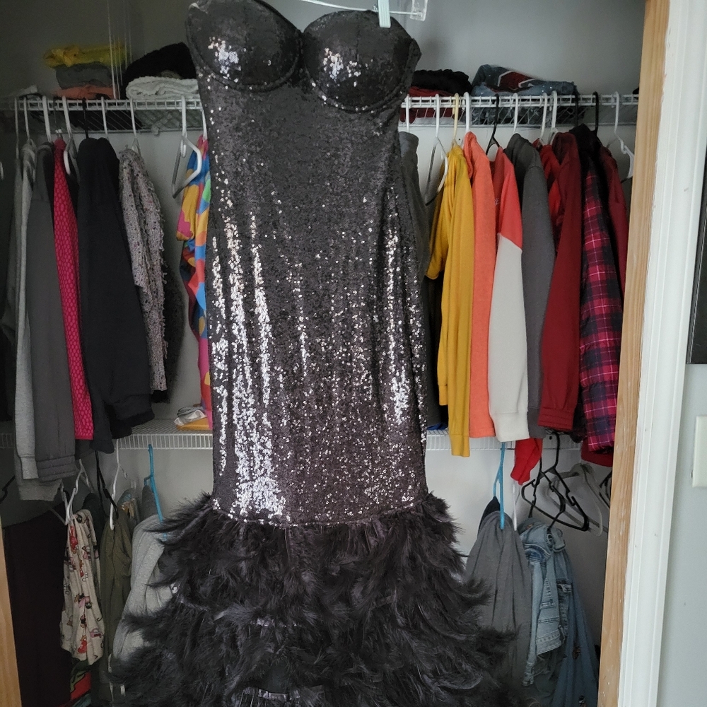Black Sequin and Feather Dress